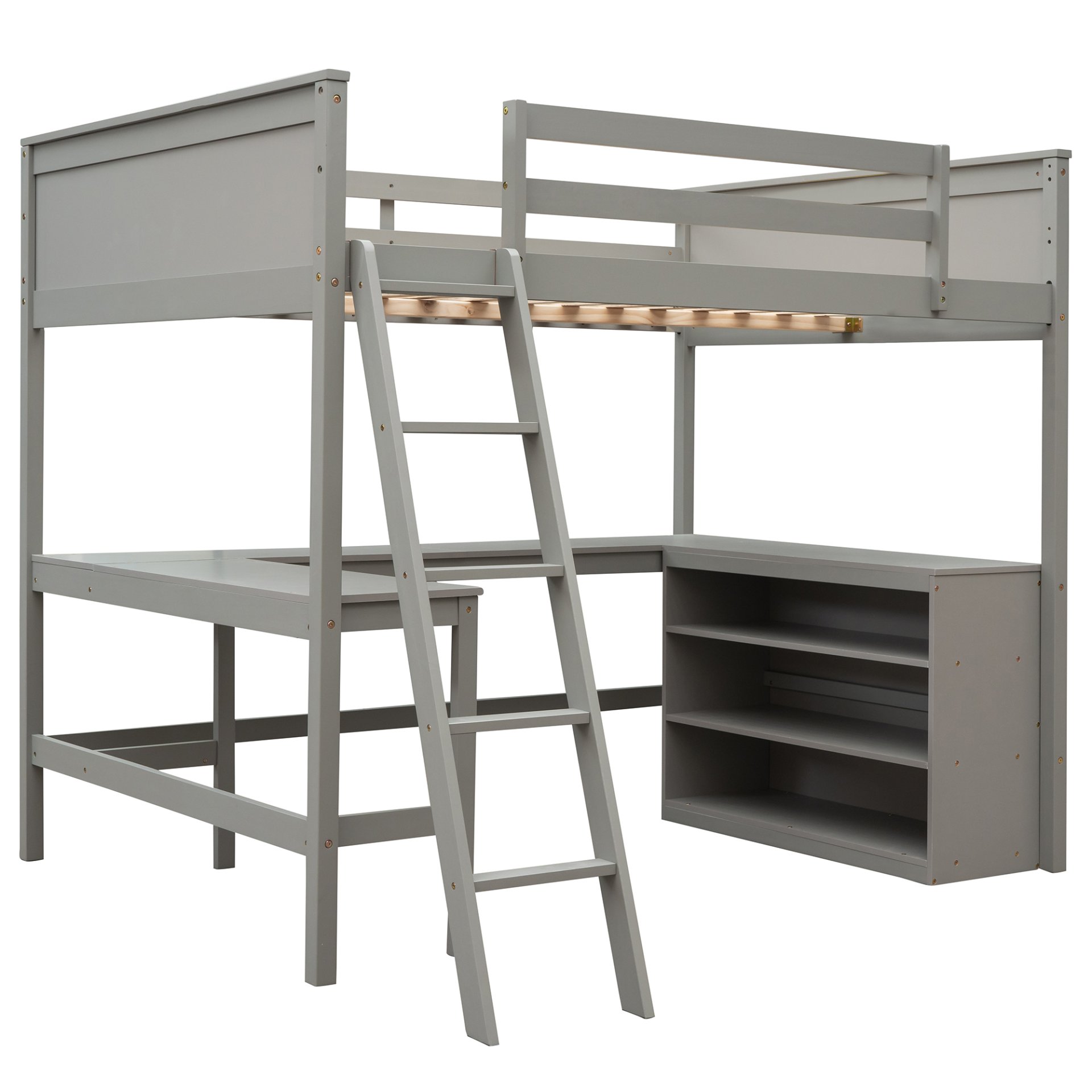 Full Size Loft Bed With Shelves With Desk - Gray - Image 9