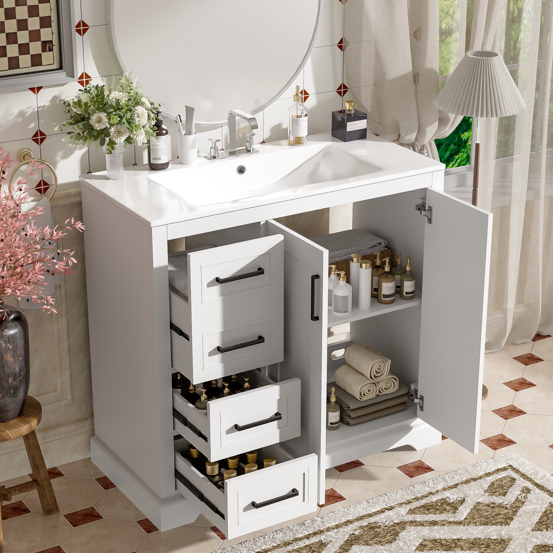 36" Bathroom Vanity With Sink, Soft Close Doors, Adjustable Shelf & 3 Drawers - White - Image 4