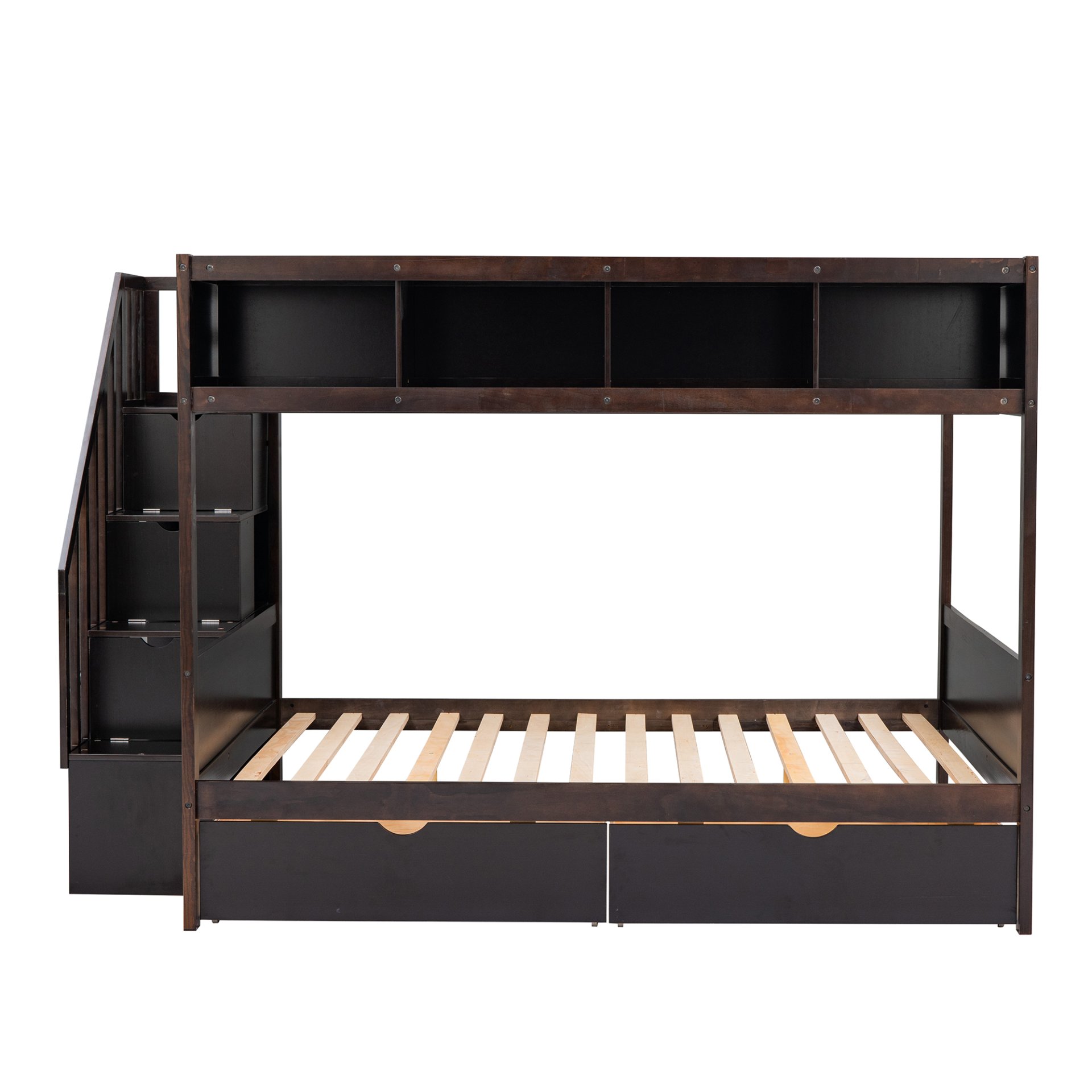 Twin Over Full Bunk Bed With Shelfs, Storage Staircase And 2 Drawers - Espresso - Image 9