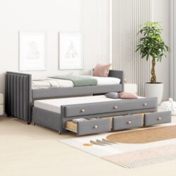 Twin Size Upholstered Daybed With Twin Size Trundle And Drawers - Gray