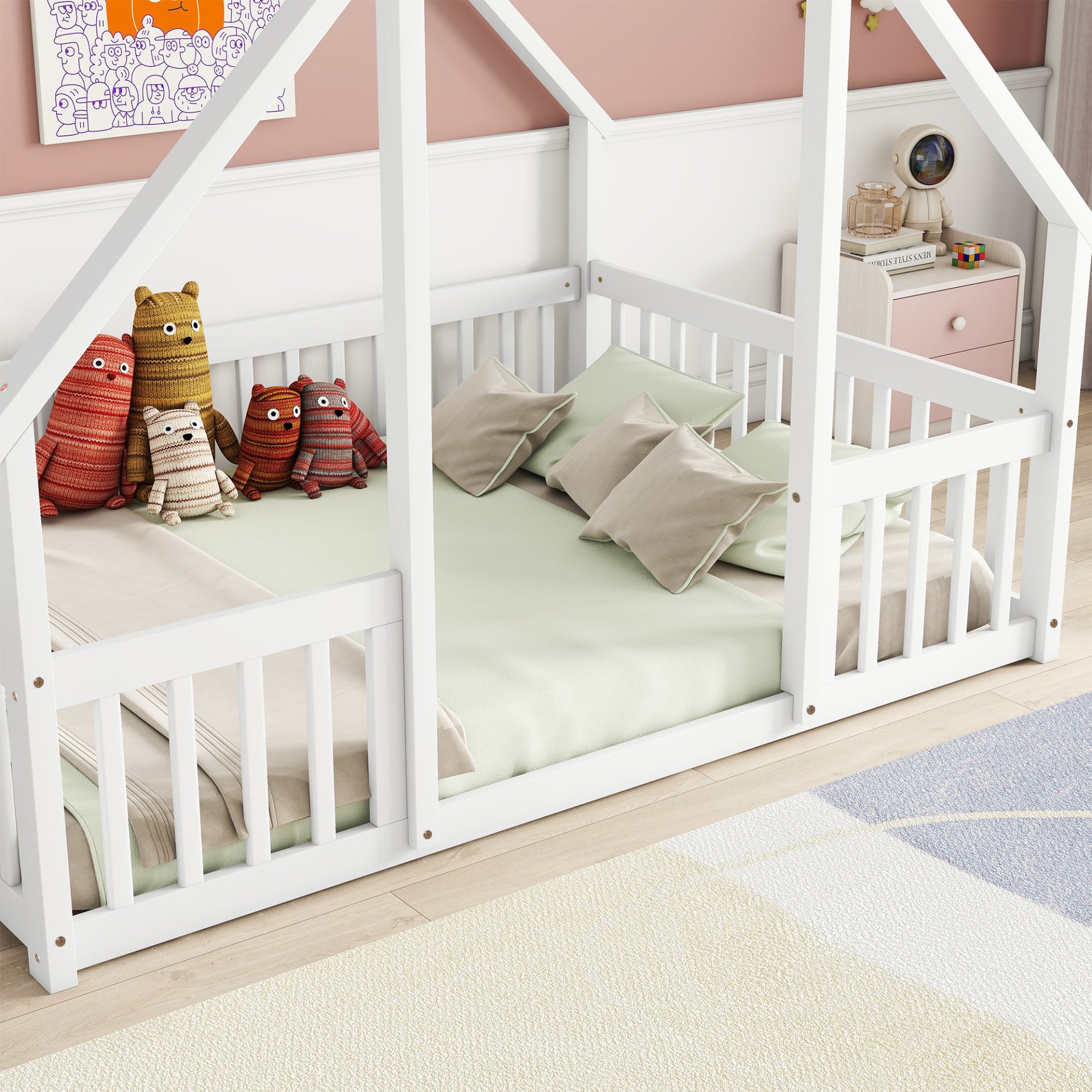Full Wood House-Shaped Floor Bed With Fence, Guardrails - White - Image 6