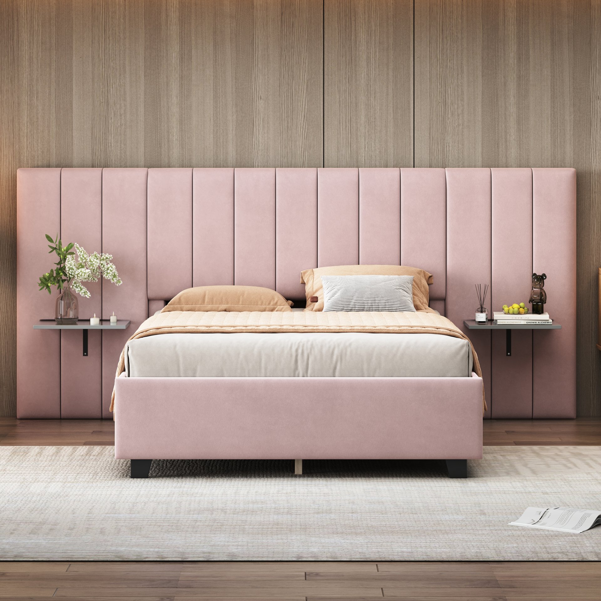 Full Size Upholstered Platform Bed With Big Headboard - Pink - Image 2