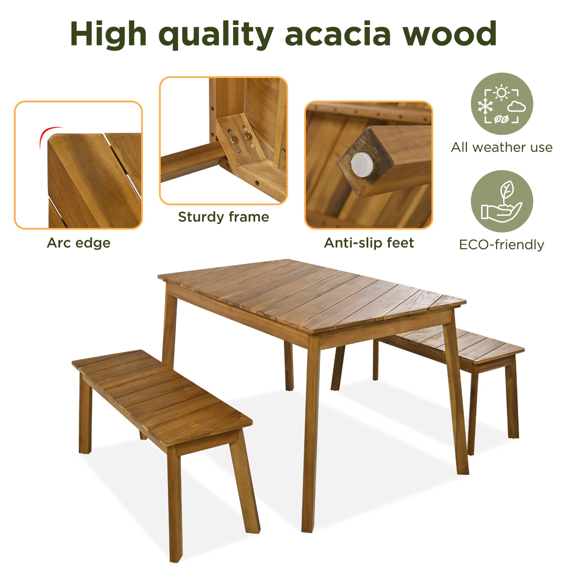 3 Pieces Acacia Wood Table Bench Dining Set For Outdoor & Indoor Furniture With 2 Benches, Picnic Beer Table For Patio, Porch, Garden, Poolside - Natural - Image 4