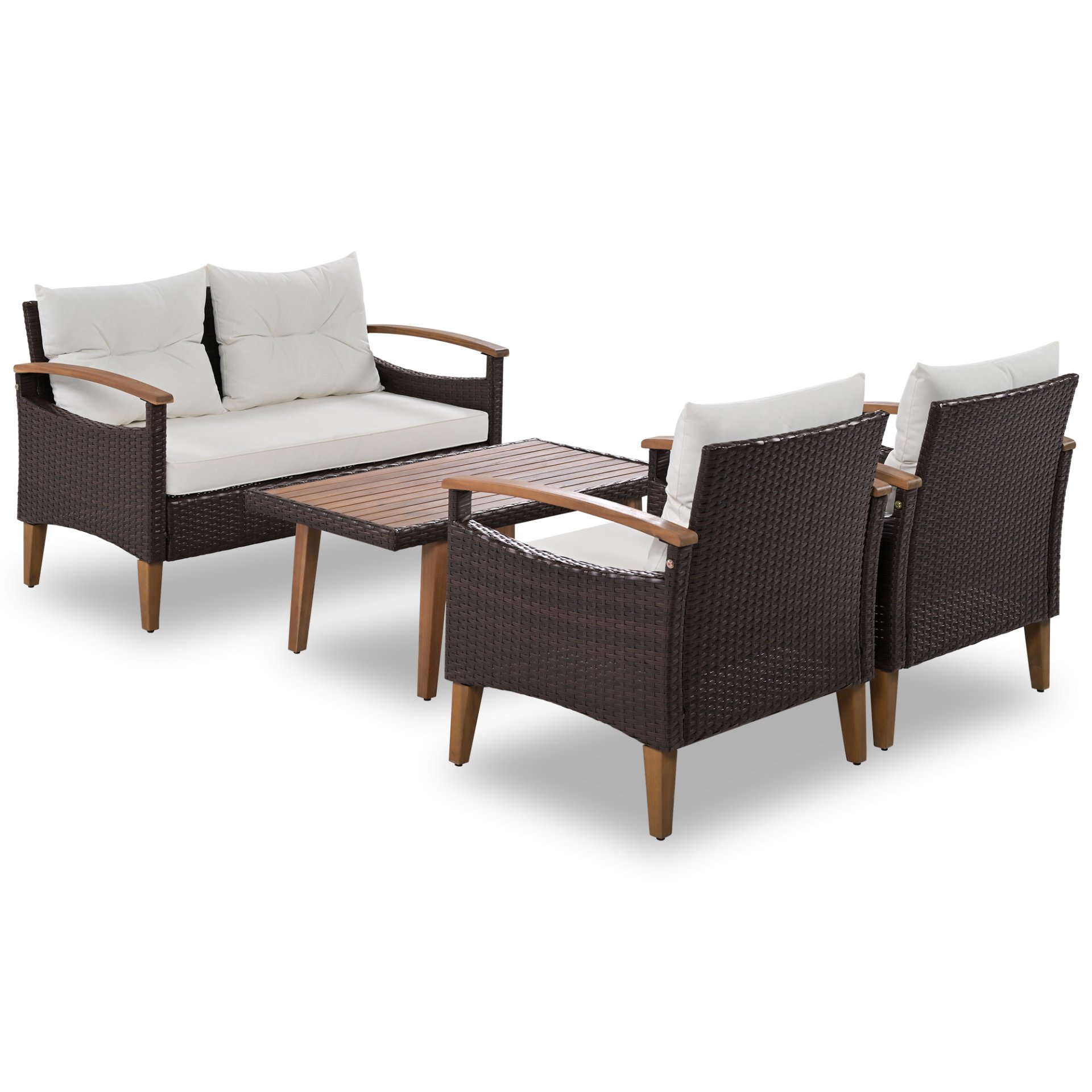 4 Piece Garden Furniture, Patio Seating Set, Outdoor Sofa Set, Wood Table And Legs - Brown / Beige - Image 6