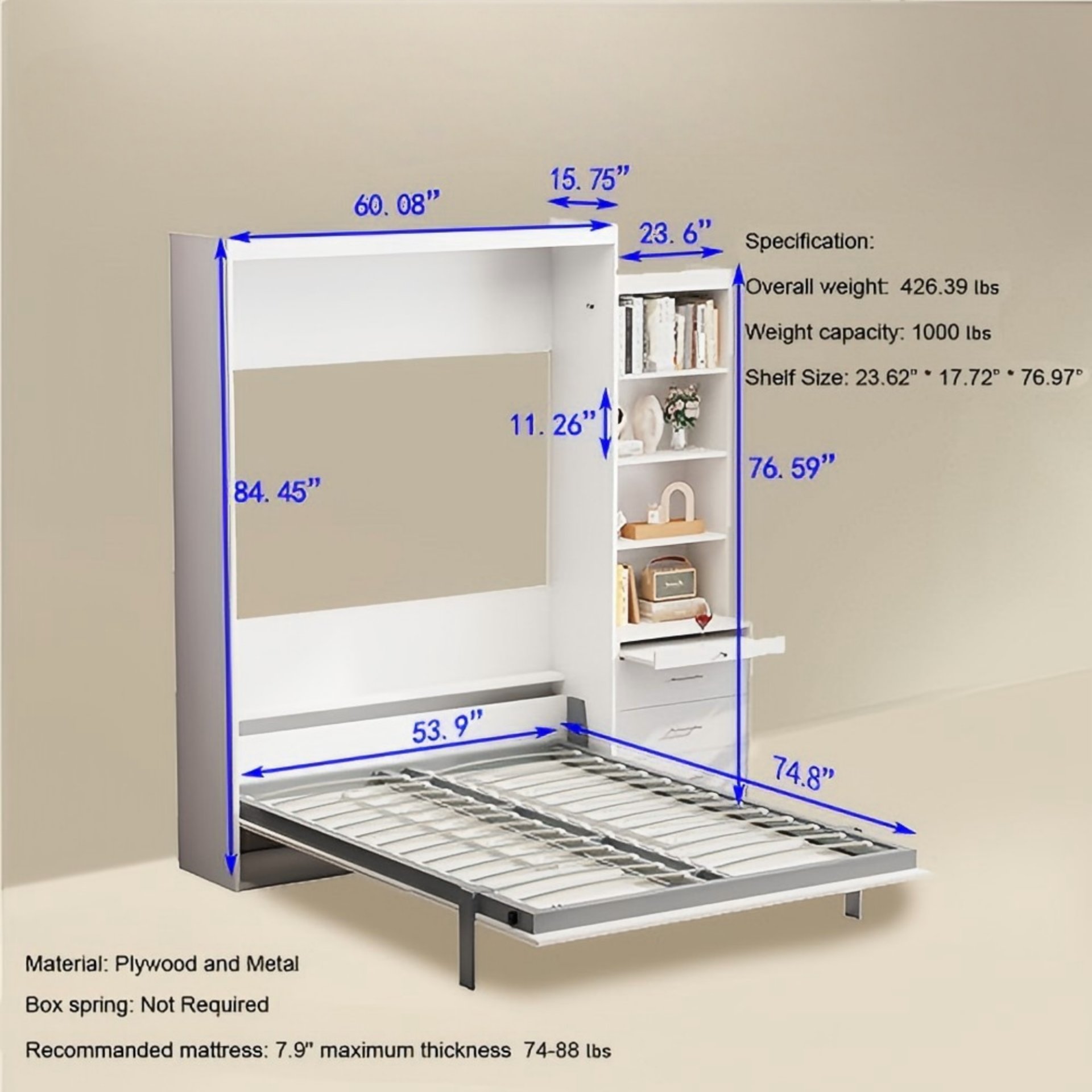 Morden Deisgn Full Size Vertical Murphy Bed With Shelf And Drawers For Bedroom Or Guestroom Wall Bed Space Saving Hidden Bed With New Style Gas Struts - White - Image 3