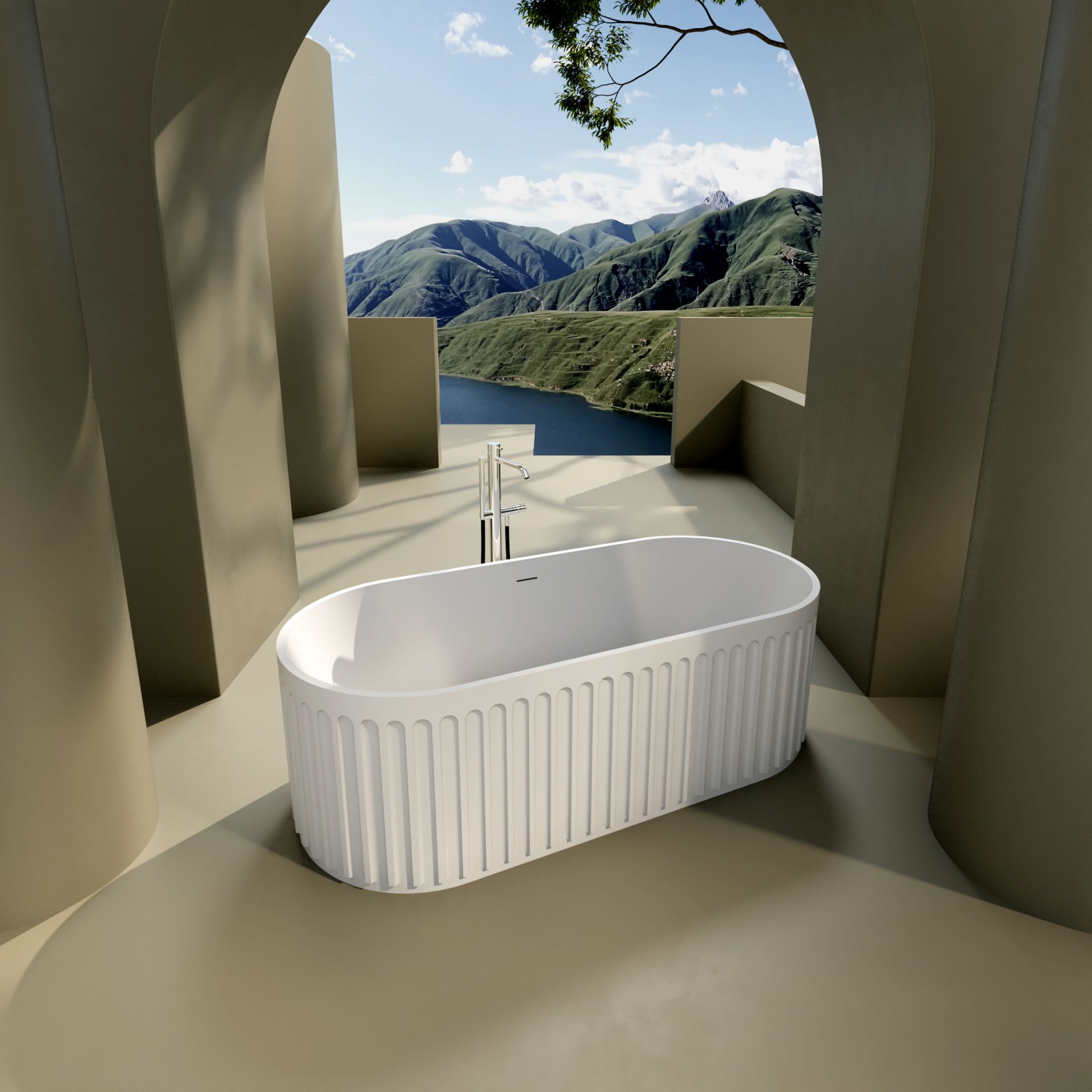 67" Freestanding Solid Surface Bathtub, Luxury Engineered Stone Resin Freestanding Soaking Bathtub With Overflow And Pop-Up Drain Cupc Certified 23S13-67 - Matte White - Image 6