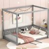 Full Size Canopy Frame Floor Bed With Fence, Guardrails - Gray - Image 8