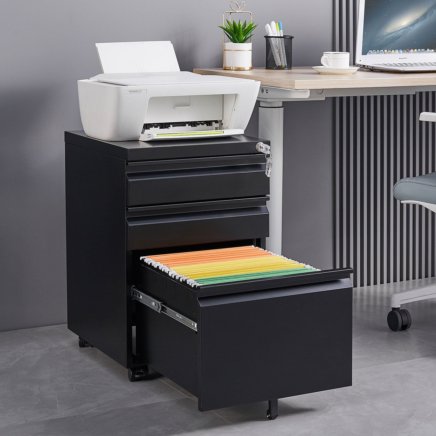 Contemporary 3 Drawer Mobile Filing Cabinet With Lock, Metal Office Storage For Legal / Letter Size - Black - Image 4