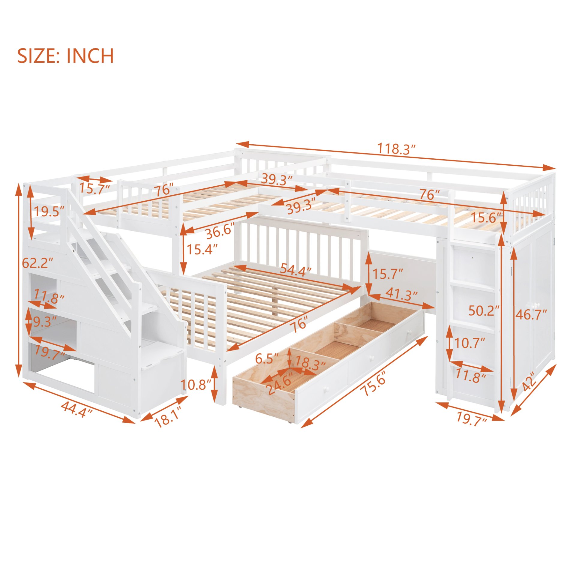 Twin Twin Over Full L Shaped Bunk Bed With 3 Drawers, Portable Desk And Wardrobe - White - Image 14