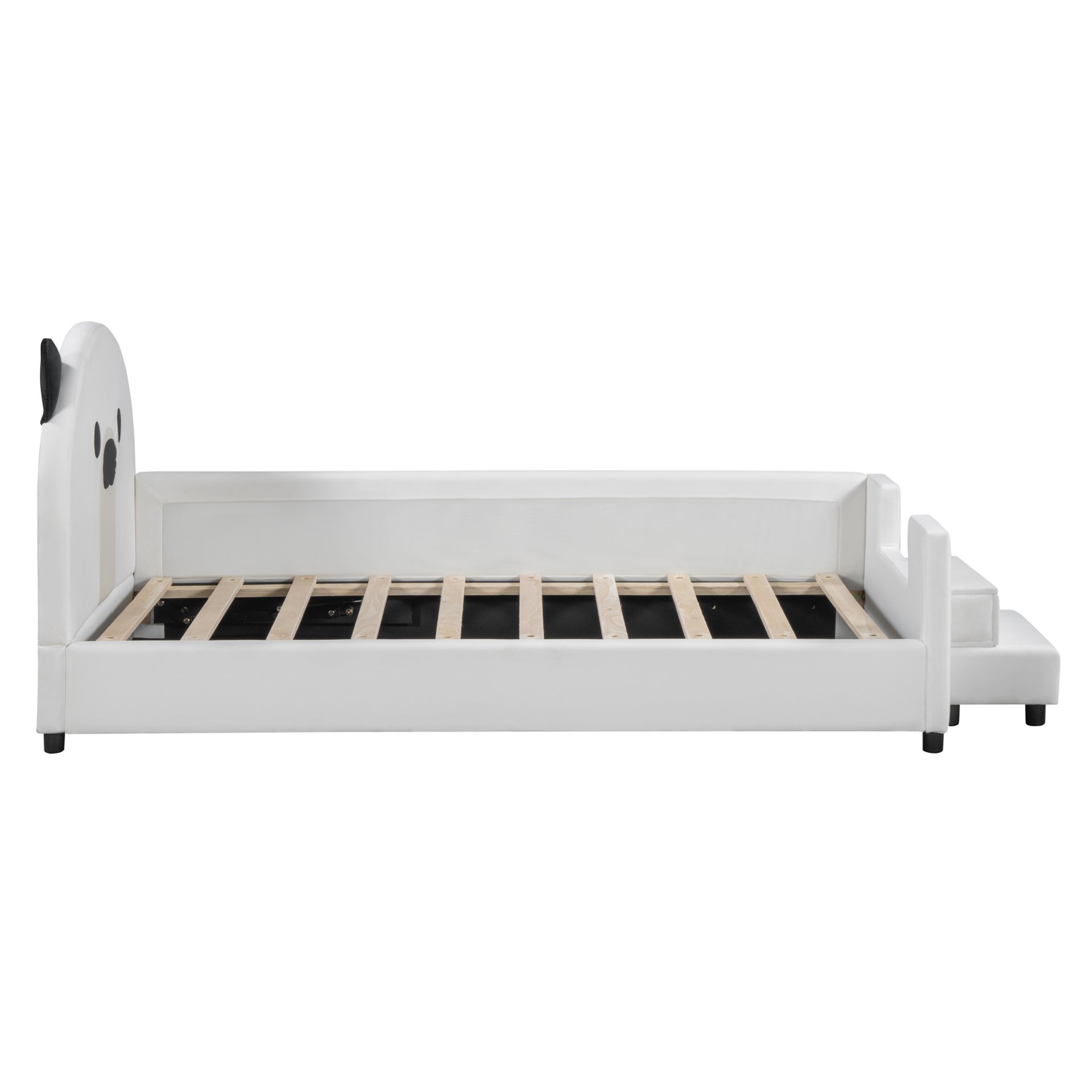 Twin Size Upholstered Daybed With Bear Shaped Headboard, Hydraulic System And Breathable Mesh Fence - White - Image 9