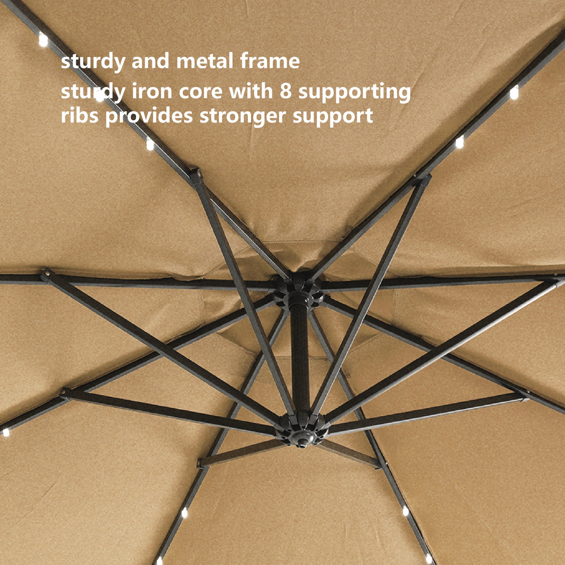 Outdoor Cantilever Patio Umbrella With 32 LED Lights 10 Ft Hanging Design Easy Open Adjustment Metal Frame - Taupe - Image 5