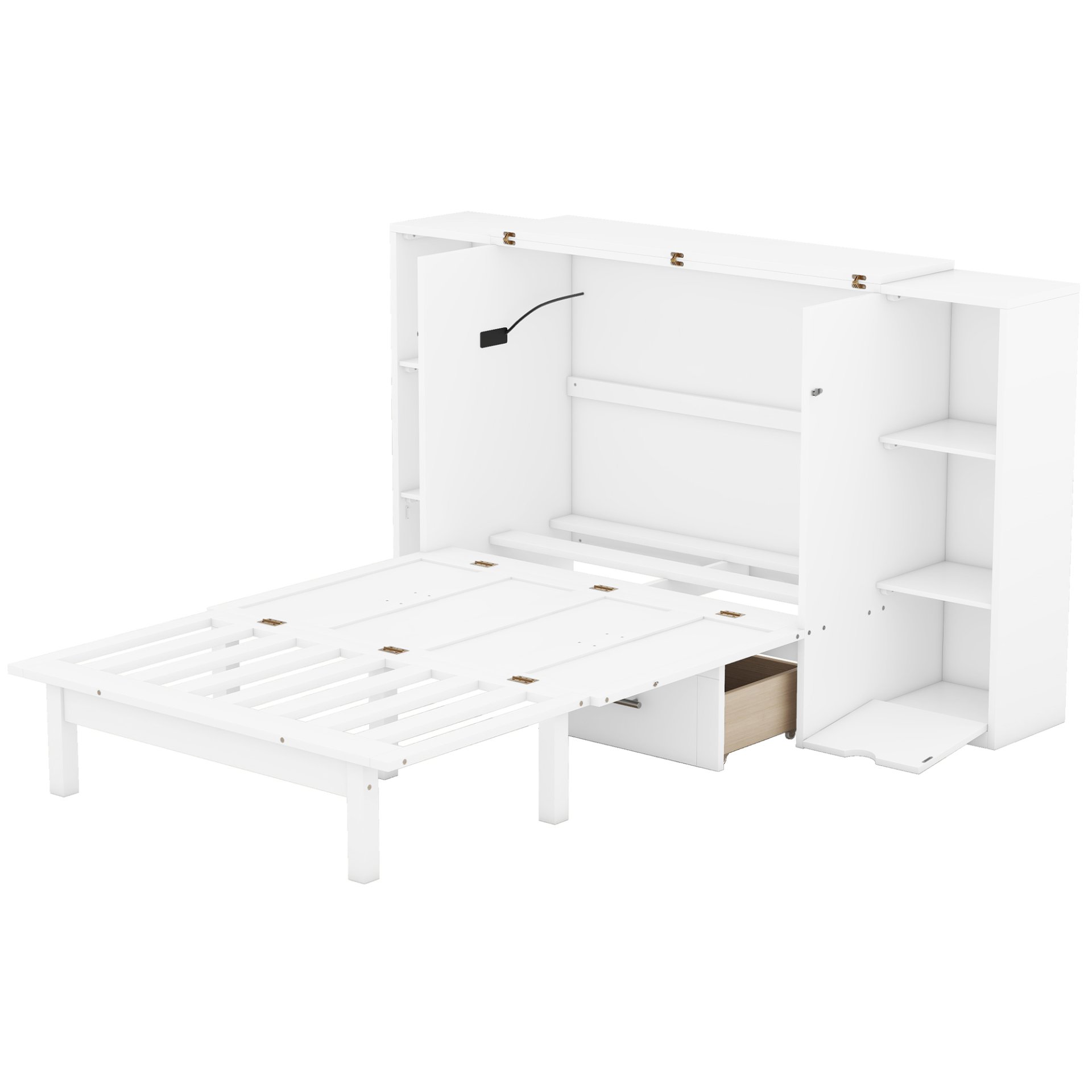 Queen Size Murphy Bed With Shelves, Drawers And USB Ports - White - Image 5