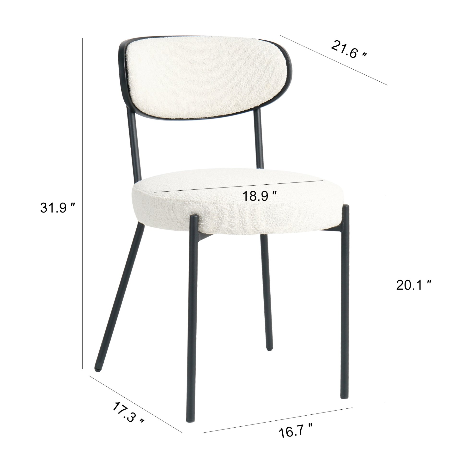 Boucle Modern Kitchen Dining Chair With Bentwood Ash Veneer Back And Black Metal Legs, (Set of 2) - Cream - Image 3