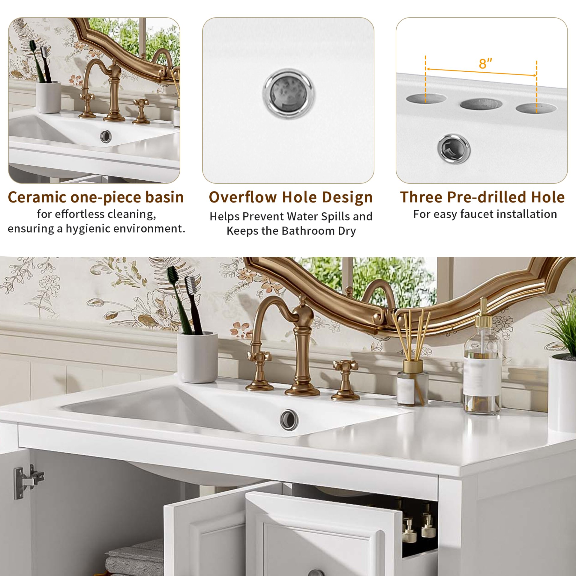 36" Transitional Bathroom Vanity With Sink, Soft Close Doors, Adjustable U Shelf, 3 Drawers - White - Image 10