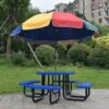 Round Outdoor Steel Picnic Table With Umbrella Pole - Blue - Image 6