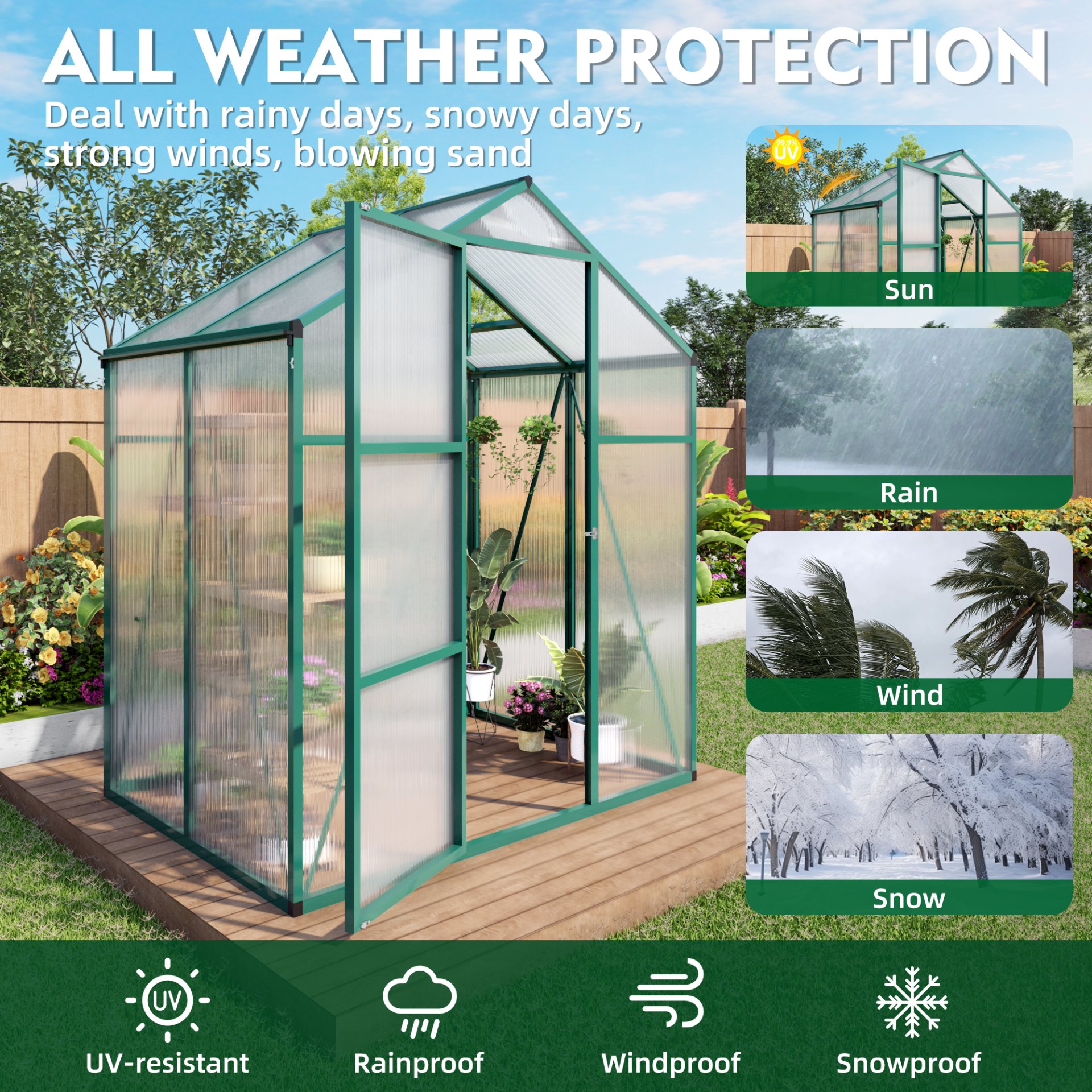 Newly Marketed Gain Height Windproof Aluminum Greenhouse 6 X 4 Ft Polycarbonate Greenhouse Raised Base And Anchor Aluminum Heavy Duty Walk - In Greenhouses For Outdoor Backyard In All Season - Green - Image 3