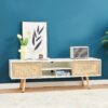 55.12" Rattan TV Cabinet, Double Sliding Doors For Storage, Adjustable Shelf, Solid Wood Legs, TV Console For Living Room - White - Image 5