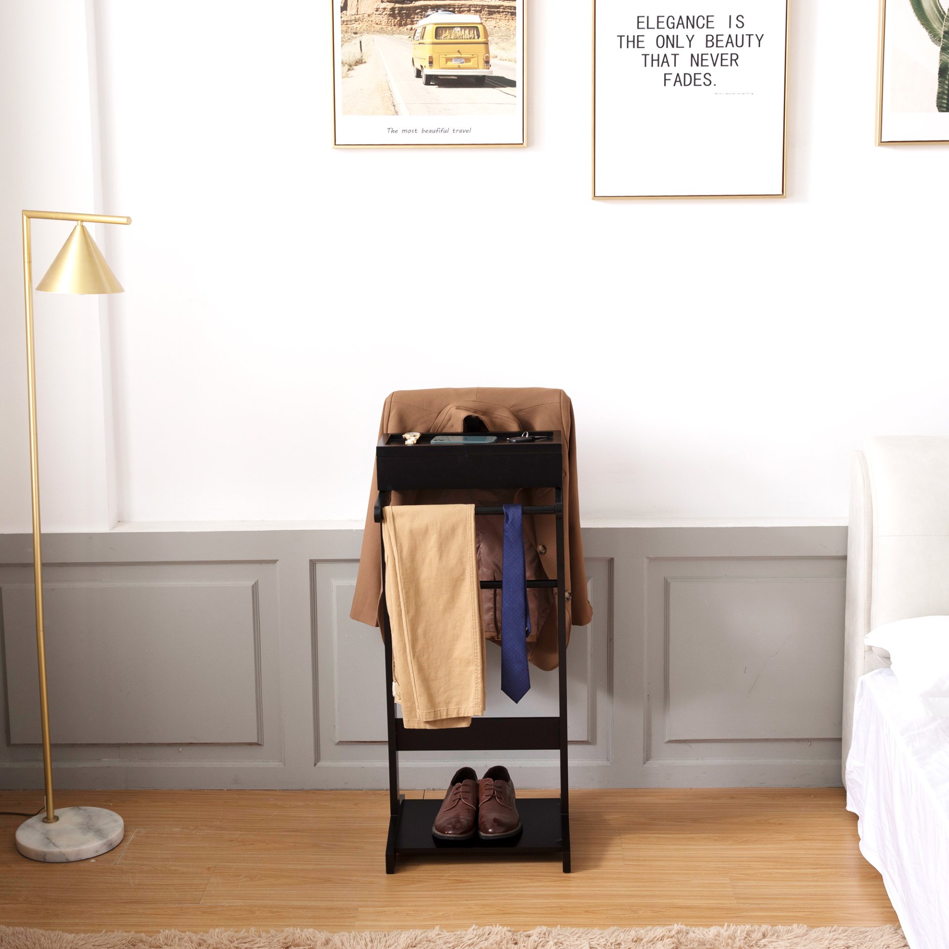 Portable Garment Rack, Clothes Valet Stand With Storage Organizer - Black - Image 4