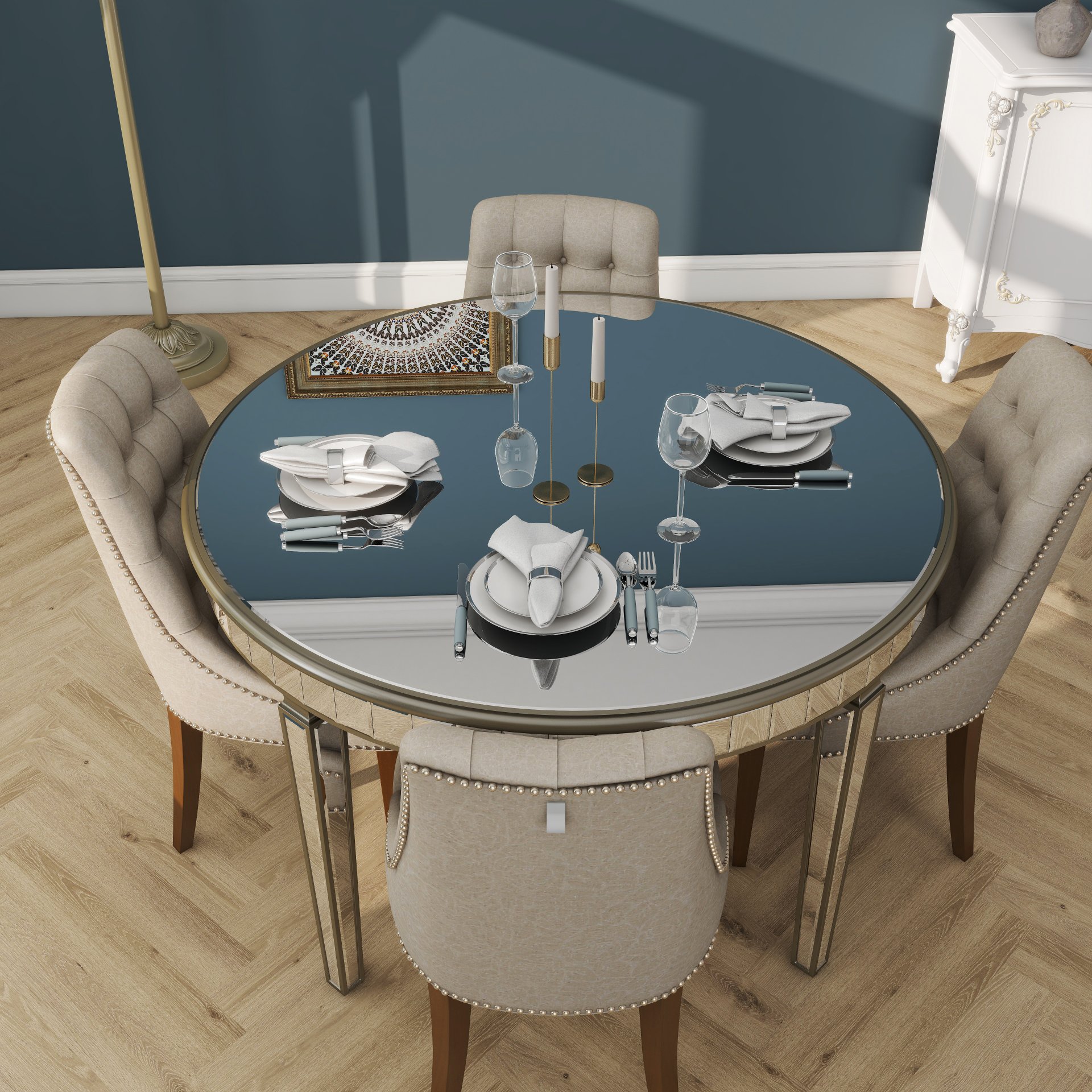 Round Glass Dining Table With Mirror Top - Silver - Image 9