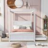 Full Size Canopy Platform Bed With Trundle Bed And 2 Drawers, Support Slats, No Box Spring Needed - Brushed White - Image 7