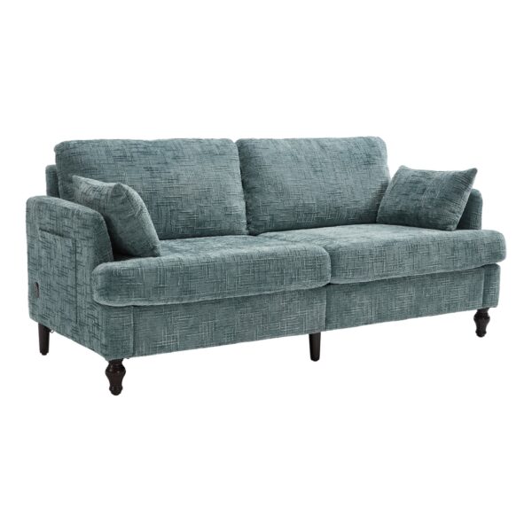 Modern Style Chenille 2 Seater Wood Legged Sofa With LED Light, USB Charging Port And Storage Bag - Lake Blue