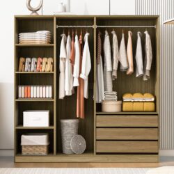 Doorless Storage Wardrobe For Dedroom With Shelves And 3 Drawers - Nature