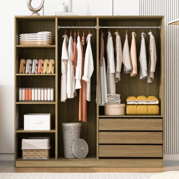 Doorless Storage Wardrobe For Dedroom With Shelves And 3 Drawers - Nature