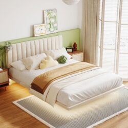 Queen Size Upholstered Bed With Sensor Light And Headboard, Floating Platform Bed - Beige