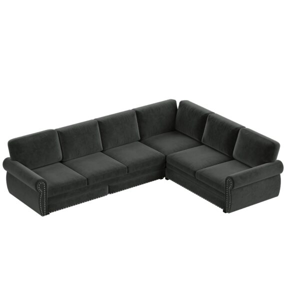 L-Shaped Sofa Couch With Pull Out Bed With Nailhead Trim & Rolled Arm, Sectional Couches, For Living Room - Dark Gray
