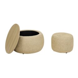 Woven Rattan Fabric Round Storage Ottoman With 2 In 1 Function As End Table And Ottoman - Dark Yellow