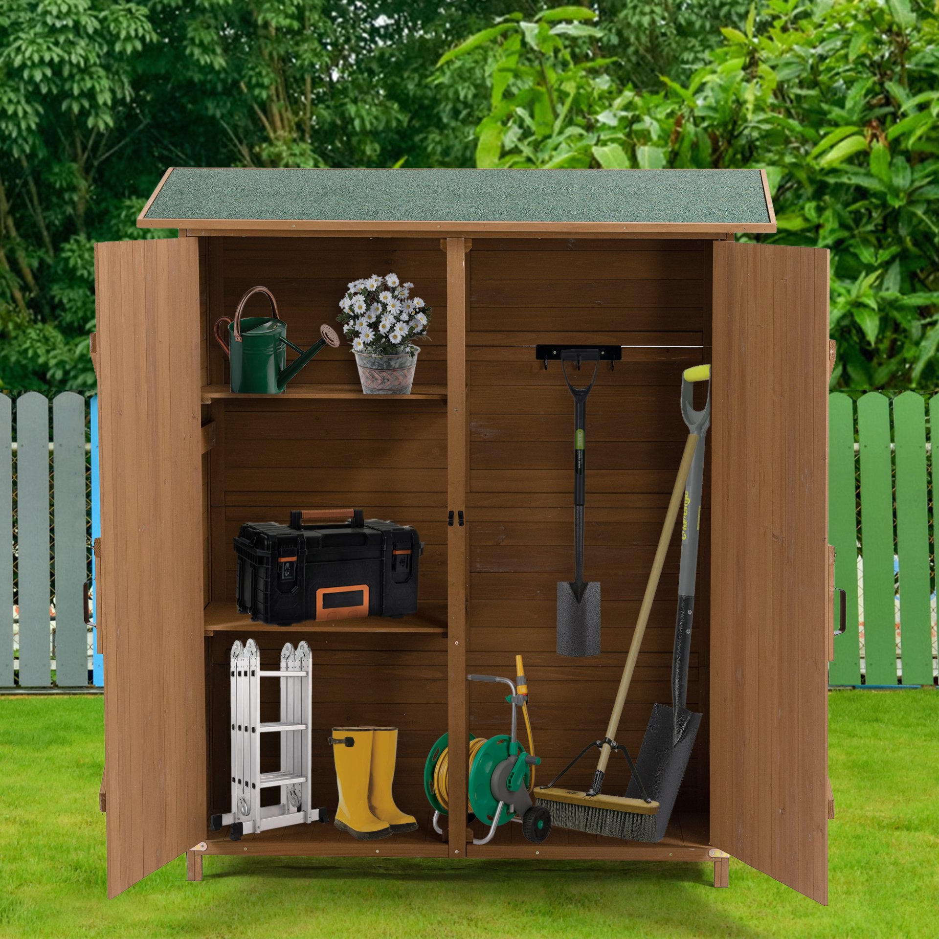 Outdoor Storage Shed With Lockable Door, Wooden Tool Storage Shed With Detachable Shelves & Pitch Roof - Yellow Brown - Image 11