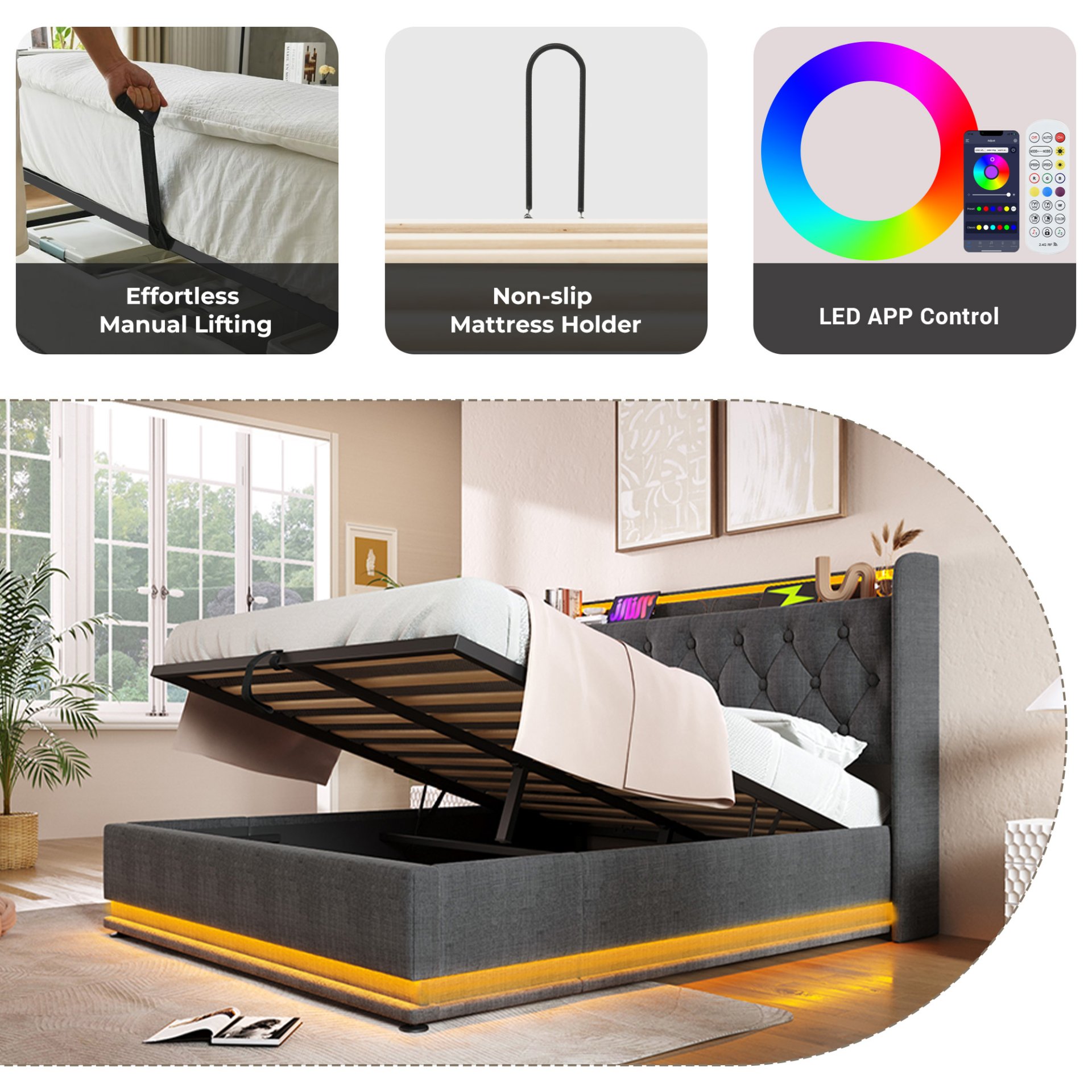 Full Size Upholstered Bed, 360 Surround LED Function, Buttons / Apps / Remote Control, Hydraulic Storage Bed With USB Type-C Charging (Without Mattress) - Gray - Image 7