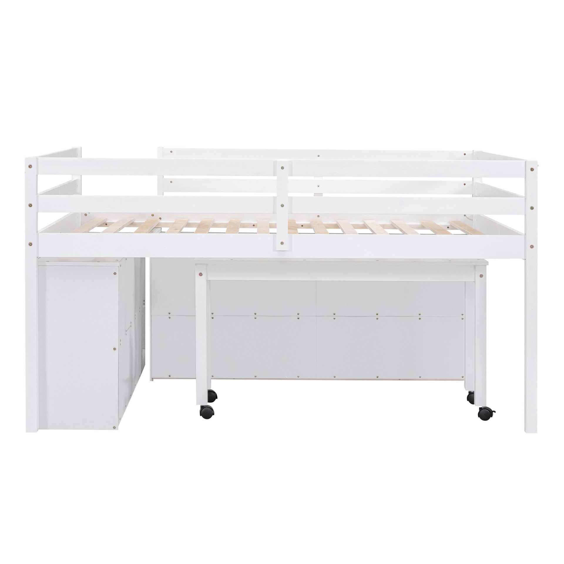 Full Size Loft Bed With Retractable Writing Desk And 4 Drawers, With Lateral Portable Desk And Shelves - White - Image 16