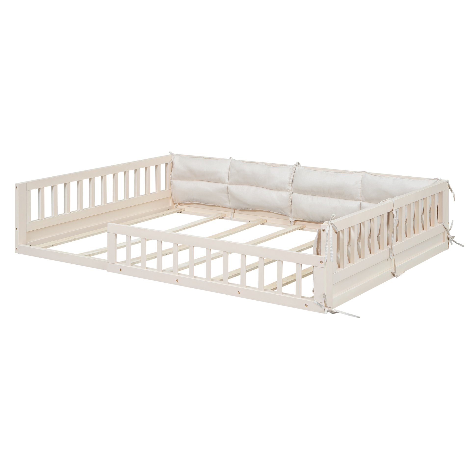 Wood Full Size Upholstered Platform Bed With Guardrail And Pillow - Beige - Image 6