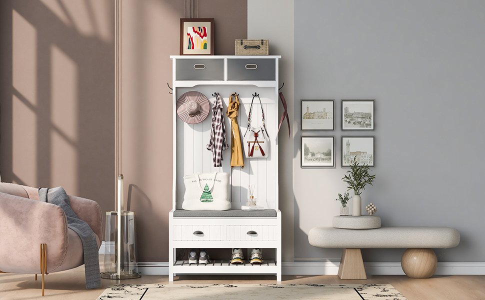 Hall Tree With 6 Hooks And Hinged Lid, Coat Hanger, Entryway Bench, Storage Bench, 3 In 1 Design, For Entrance, Hallway - White - Image 4