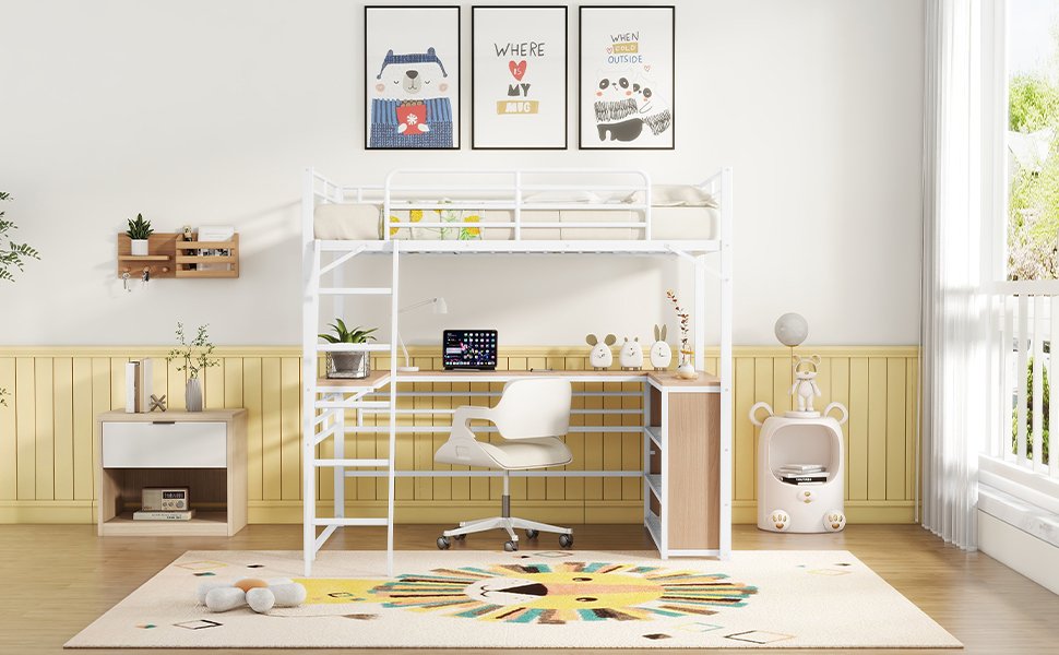 Full Size Loft Bed With 3 Layers Of Shelves And L-Shaped Desk - White - Image 15