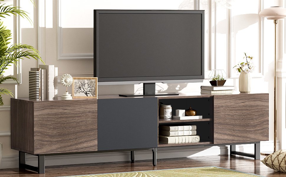 Modern TV With 3 Cabinets & Open Shelves, Color-Matching Media Console Table For Tvs Up To 80'', Entertainment Center With Drop Down Door For Living Room - Dark Brown - Image 22