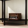 Boho Rattan Semi Circle End Table With Sliding Door, Elegant Wood Accent Table With Storage And Bottom Shelf - Black - Image 12