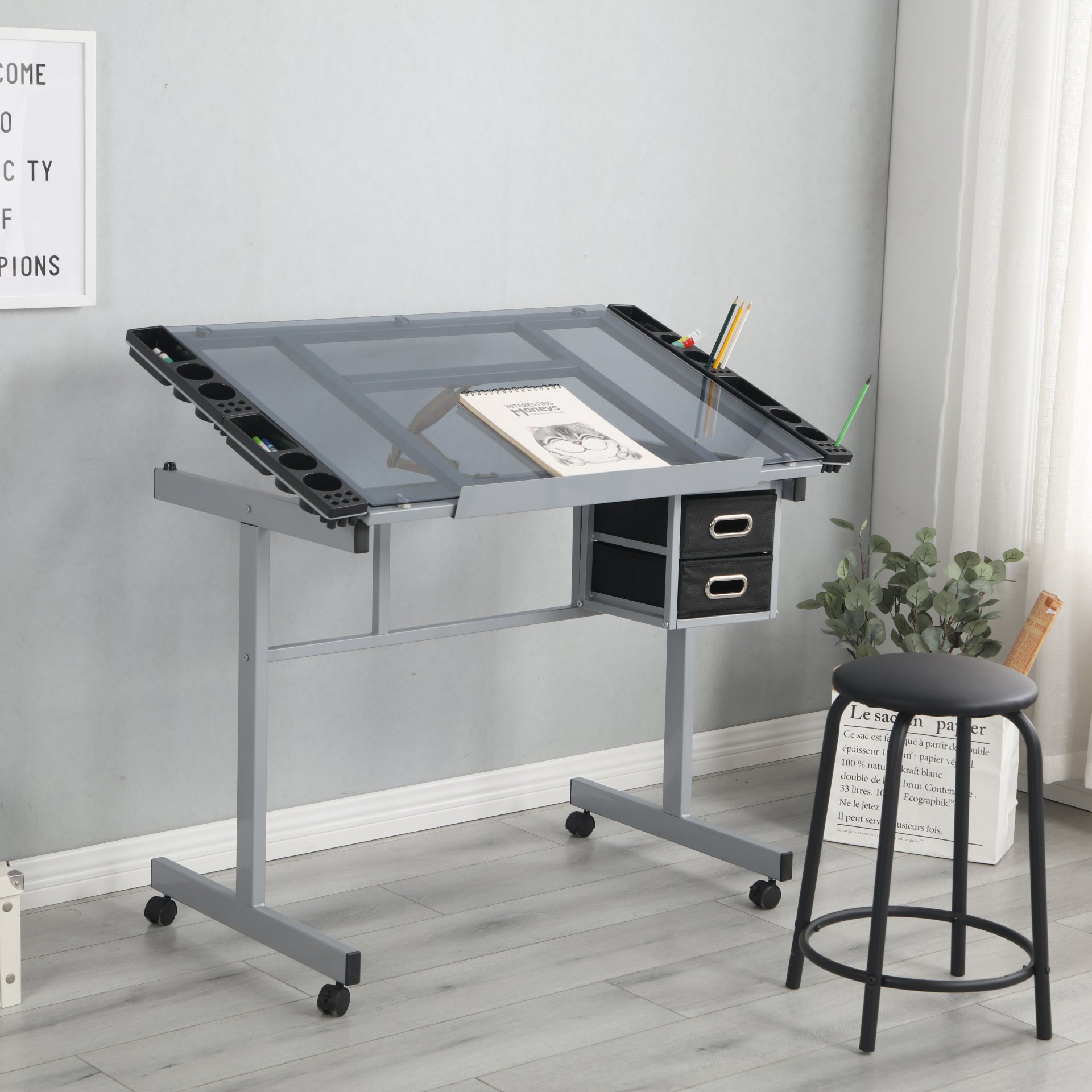 Adjustable Art Drawing Desk Craft Station Drafting With 2 Non-Woven Fabric Slide Drawers And 4 Wheels - Silver - Image 2