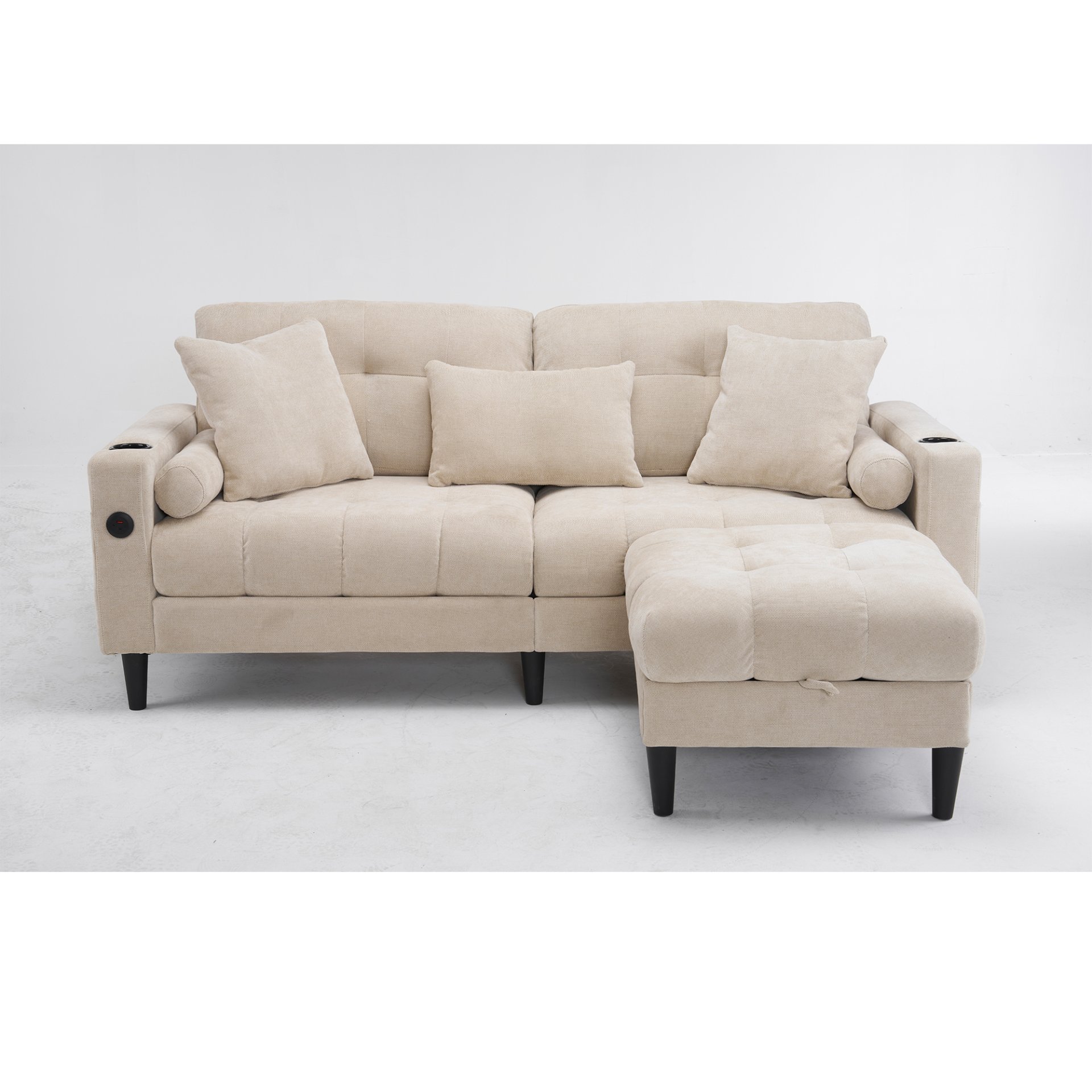 3 Seat L-Shaped Chenille Sofa With Removable And Storage Ottoman, Side Storage, And USB / C - Type Charging Ports Sofa For Living Room, Bedroom, Apartment - Beige - Image 8