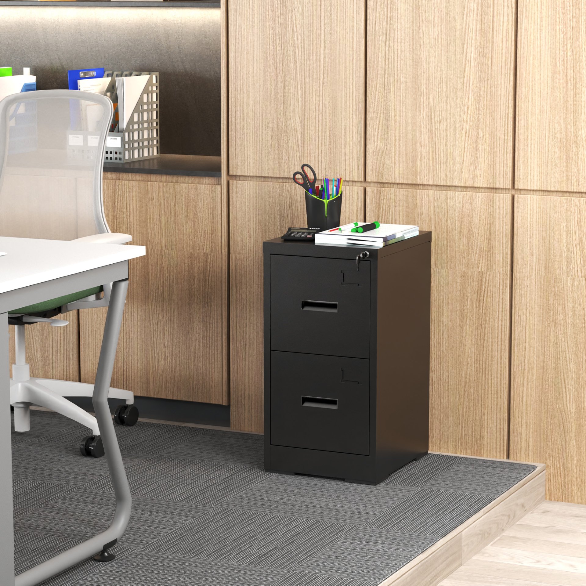 Modern 2 Drawer Metal Vertical File Cabinet With Lock And Card Slot For Office And Home Use - Black - Image 2