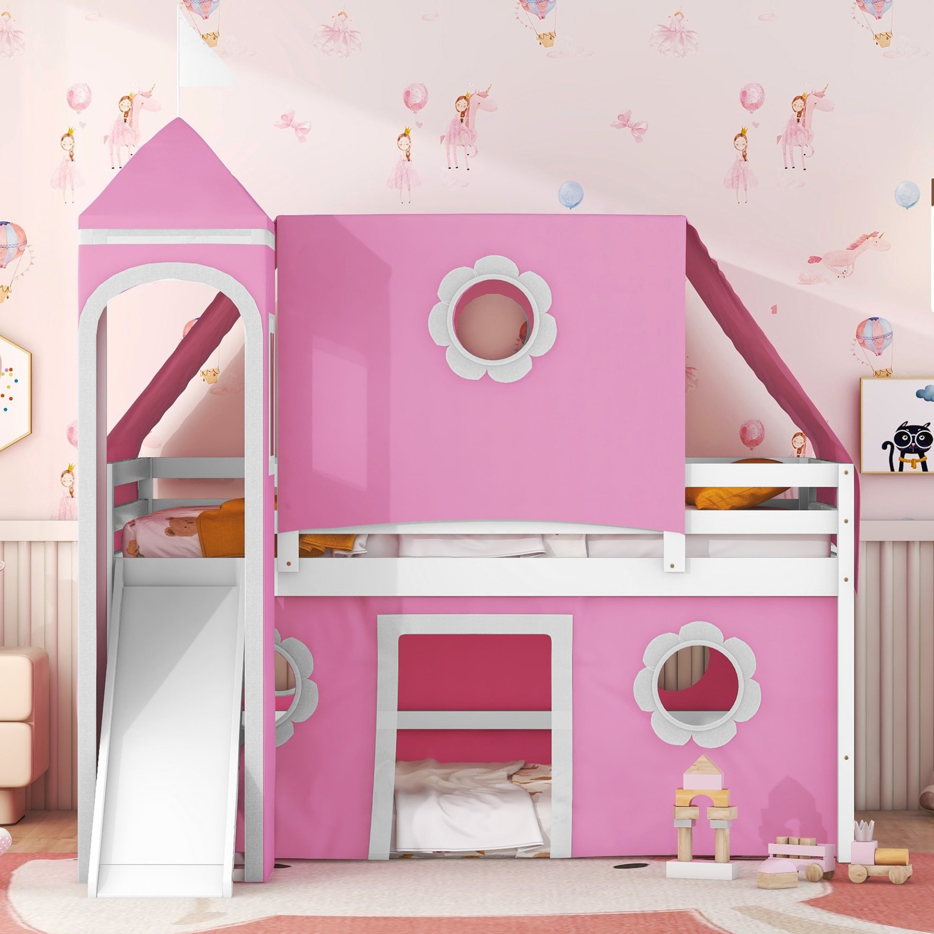 Full Size Loft Bed With Slide And Tent Tower Space Saving Fun Design For Kids - Pink - Image 4