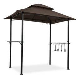 Outdoor Grill Gazebo 8 X 5 Ft With Double Tier Canopy, Steel Frame, Bar Counters & Hook - Brown