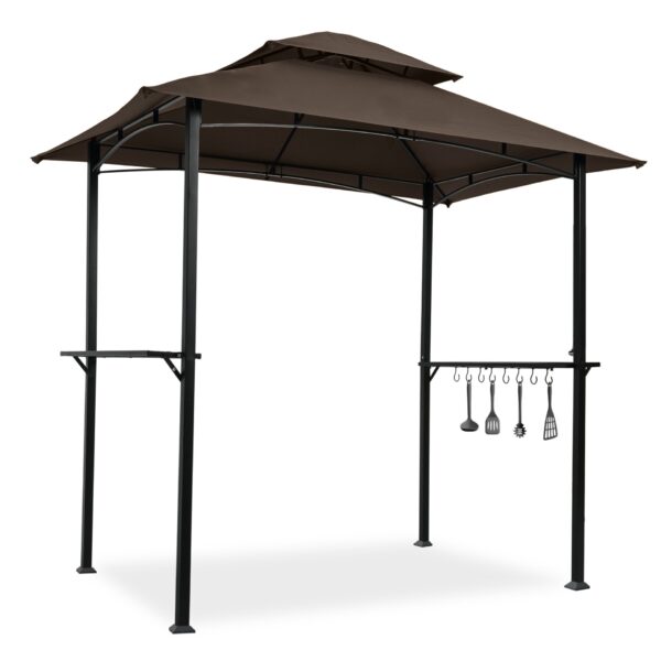 Outdoor Grill Gazebo 8 X 5 Ft With Double Tier Canopy, Steel Frame, Bar Counters & Hook - Brown