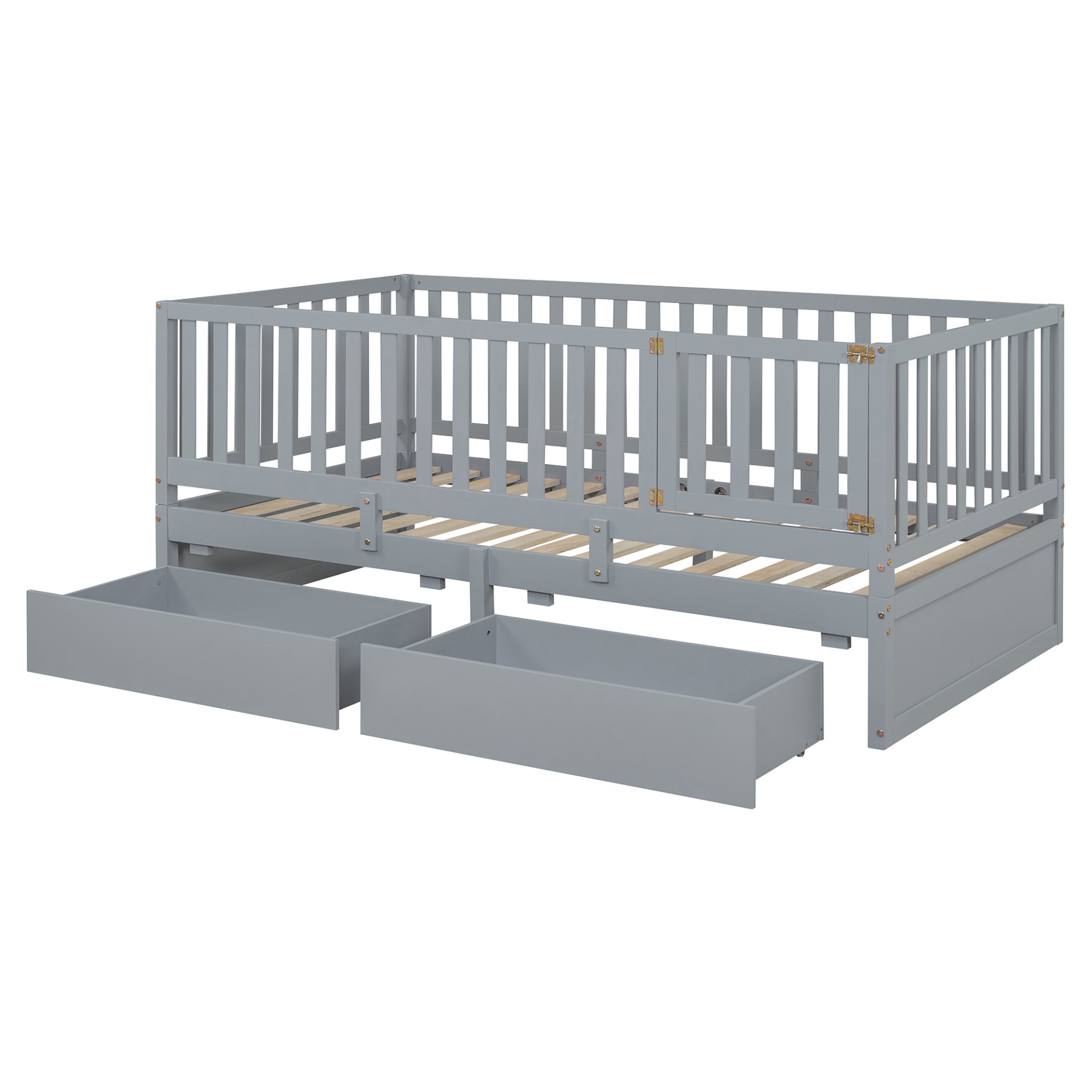 Twin Size Daybed With Fence Guardrails And 2 Drawers, Split Into Independent Floor Bed & Daybed - Gray - Image 12