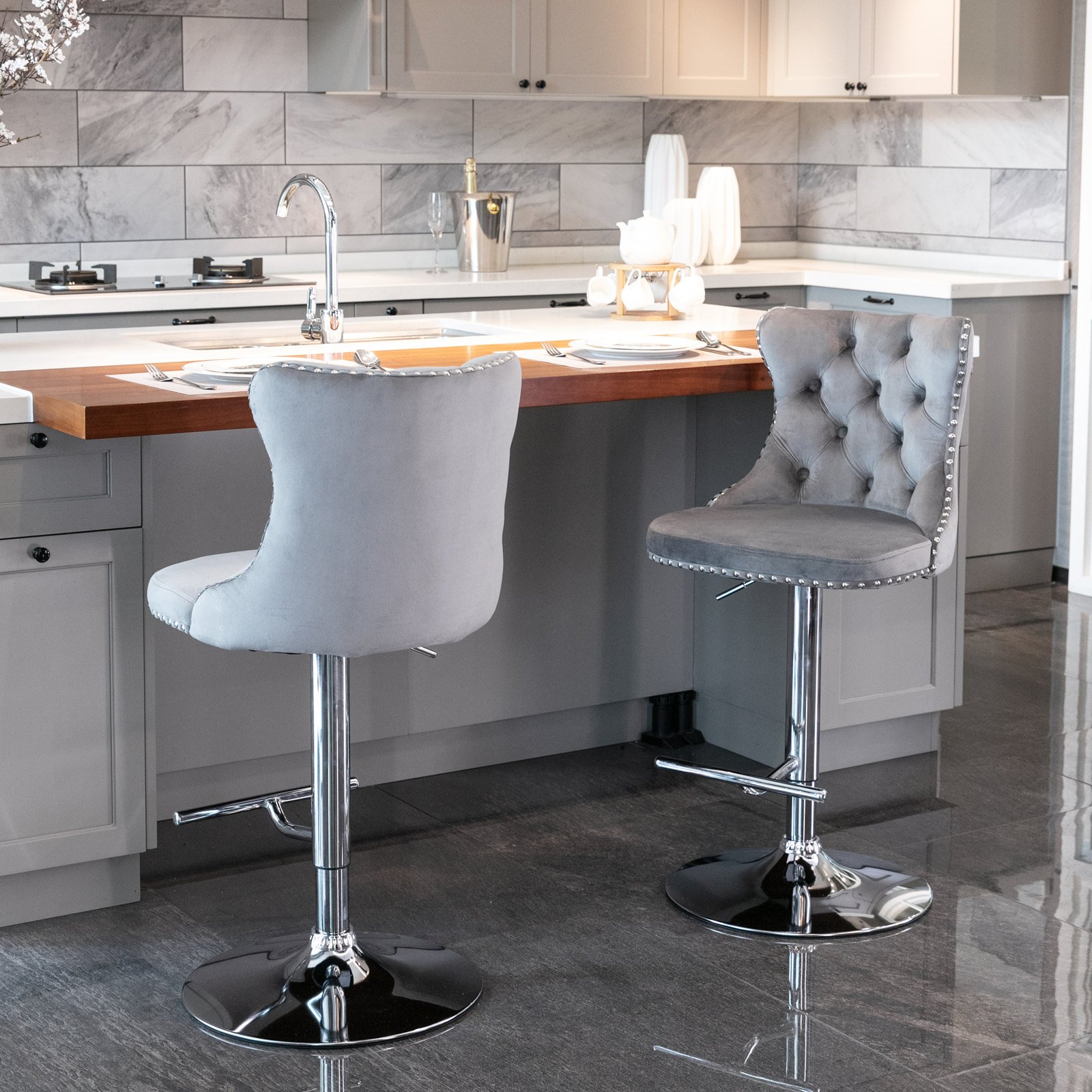 Swivel Velvet Barstools Adjusatble Seat Height From 25-33", Modern Upholstered Chrome Base Bar Stools With Backs Comfortable Tufted For Home Pub And Kitchen Island (Set of 2) - Gray - Image 14