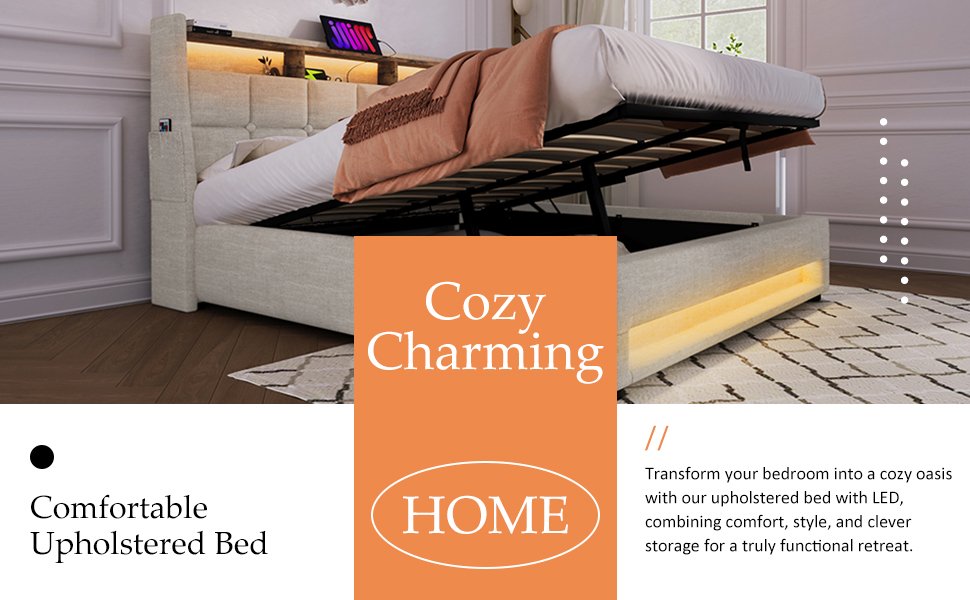 Full Size Upholstered Platform Bed With A Hydraulic Storage System, LED And USB Charging (Without Mattress) - Natural - Image 16