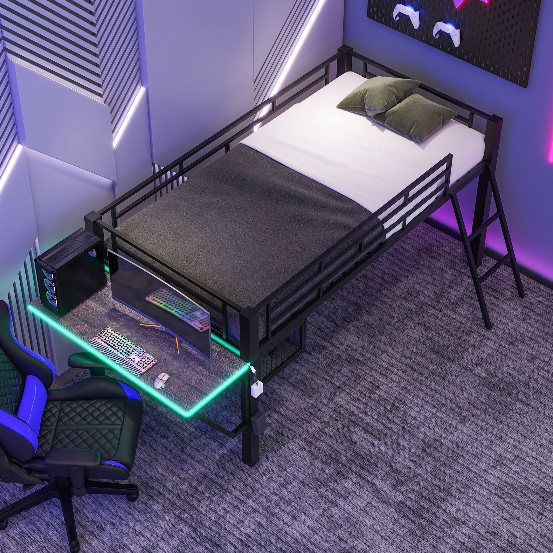 Twin, Esports Inspired Gaming Mid Loft Bed With Desk And LED - Black - Image 5