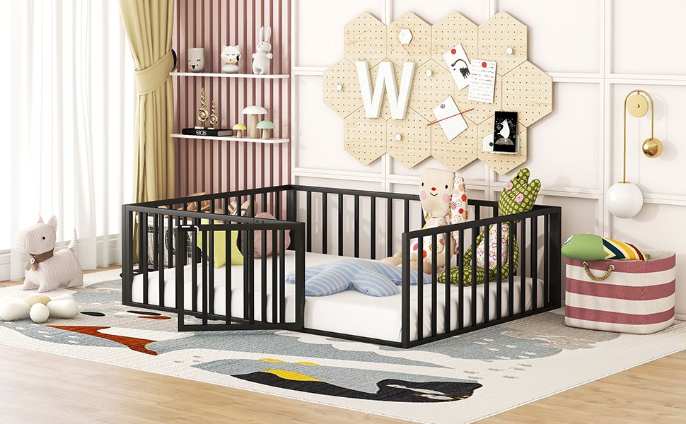 Full Size Floor Bed Frame With Fence And Door - Black - Image 13