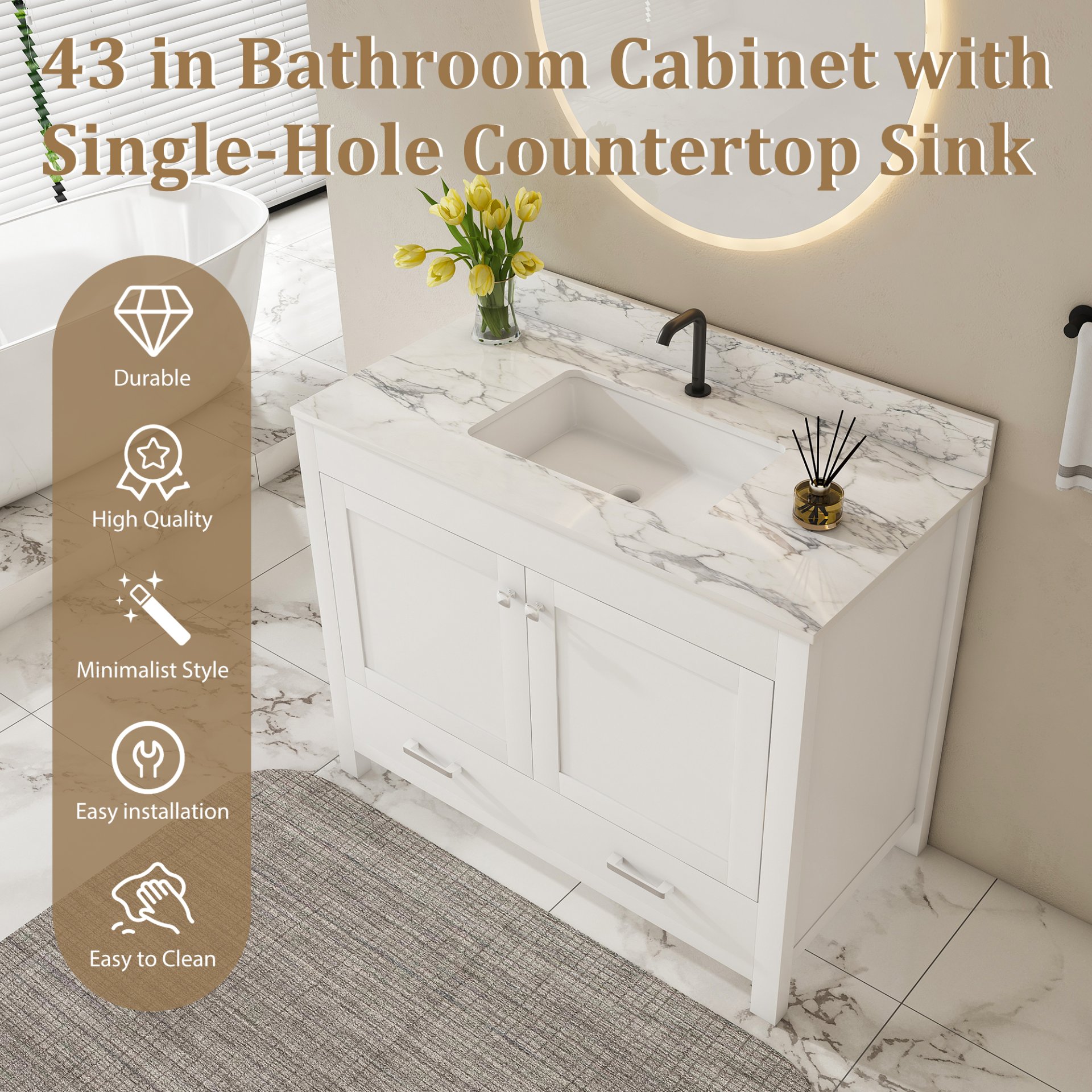 43" Bathroom Vanity, Multi Functional Cabinet - White - Image 5
